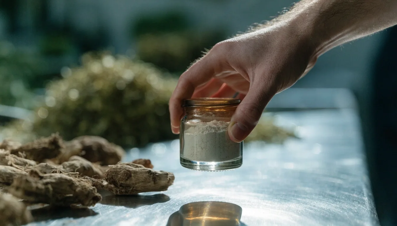 A glass jar of pale botanical material beside scattered dried root pieces on a brushed stainless bench in raking light
