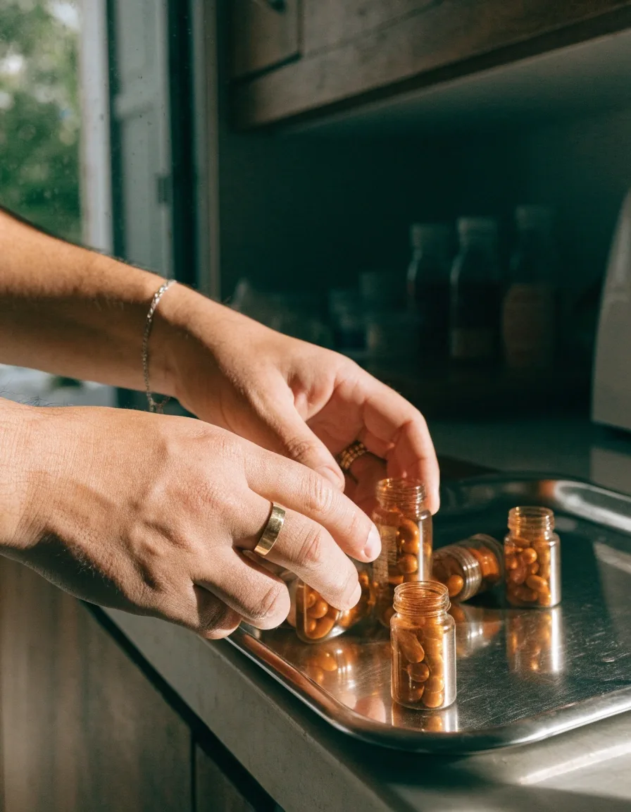 Adult man writing a short note beside a ceramic plate of capsules on a stainless bench