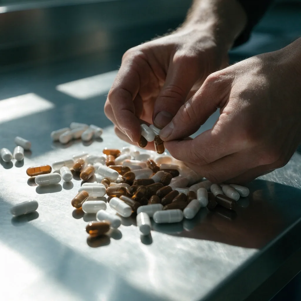 A man's hands arranging unlabelled capsules on a steel bench under morning light
