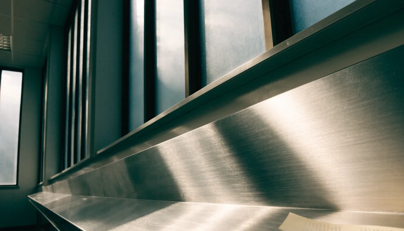 Morning light across an empty stainless counter in a still cleanroom corridor
