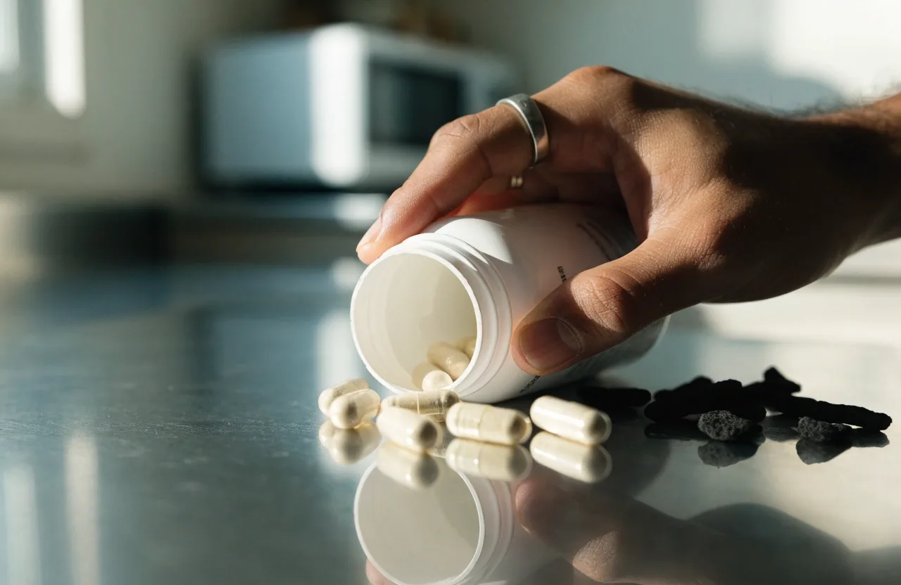 Capsules and an opened white bottle resting on a stainless bench in cold morning light