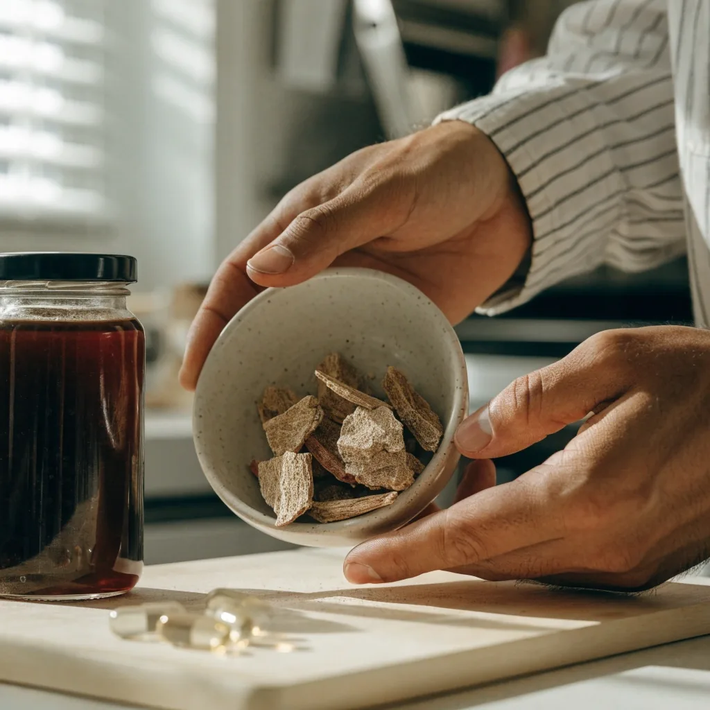 Dried maca root pieces and a glass jar of botanical extract on a stainless tray
