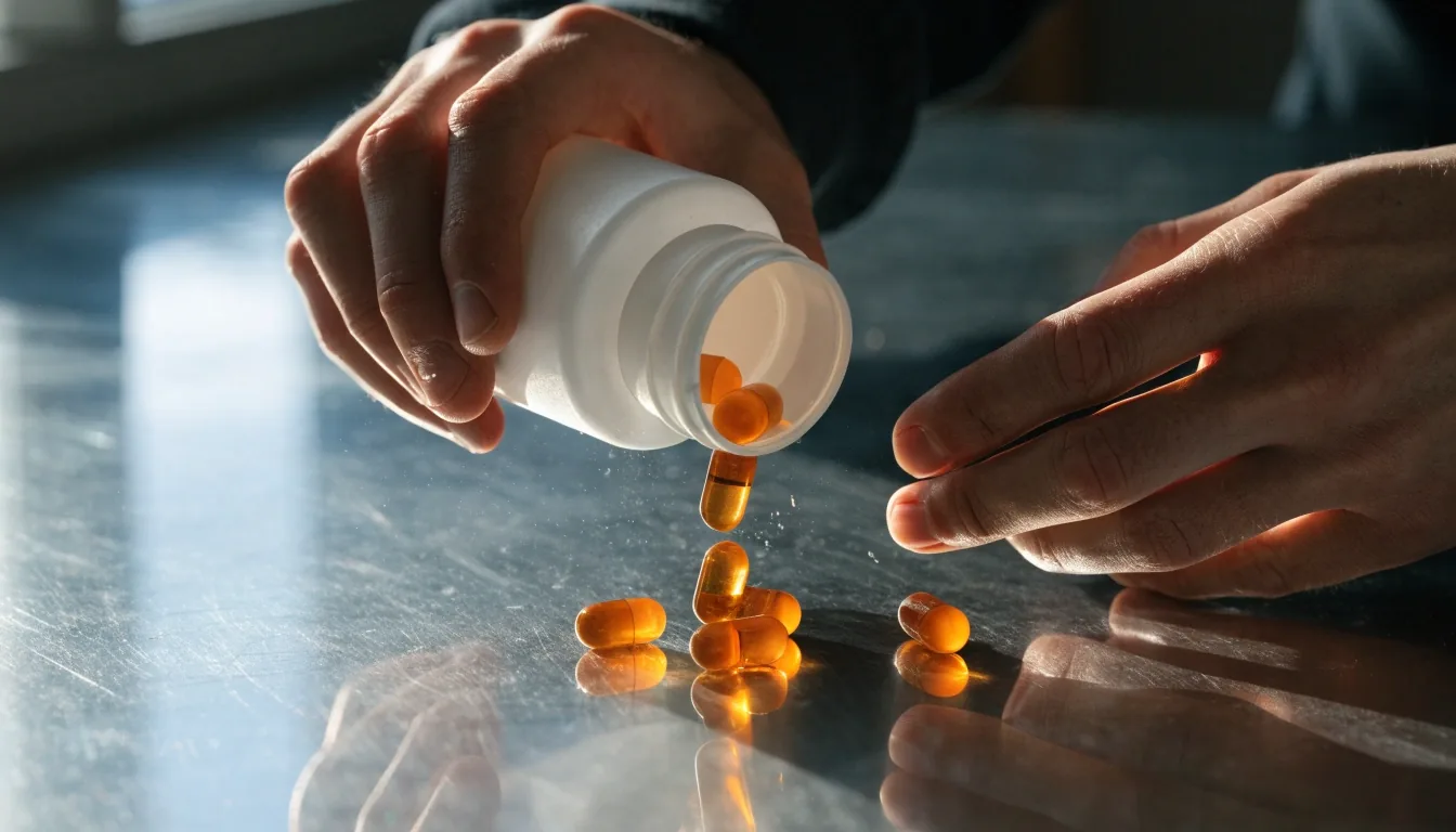 Hands tipping capsules from a white bottle onto a stainless bench