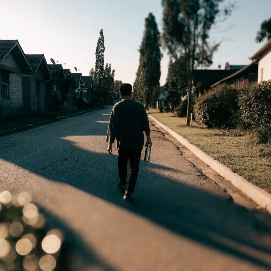 A man walking a quiet residential street at early morning with a water bottle in hand
