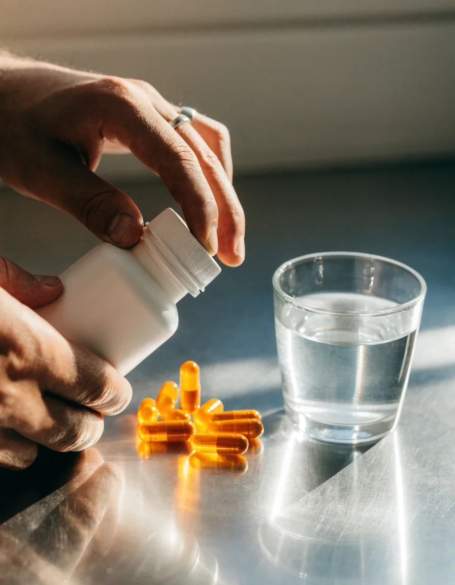 Hands opening an unlabelled bottle over a kitchen bench with a few capsules spilled beside a glass of water
