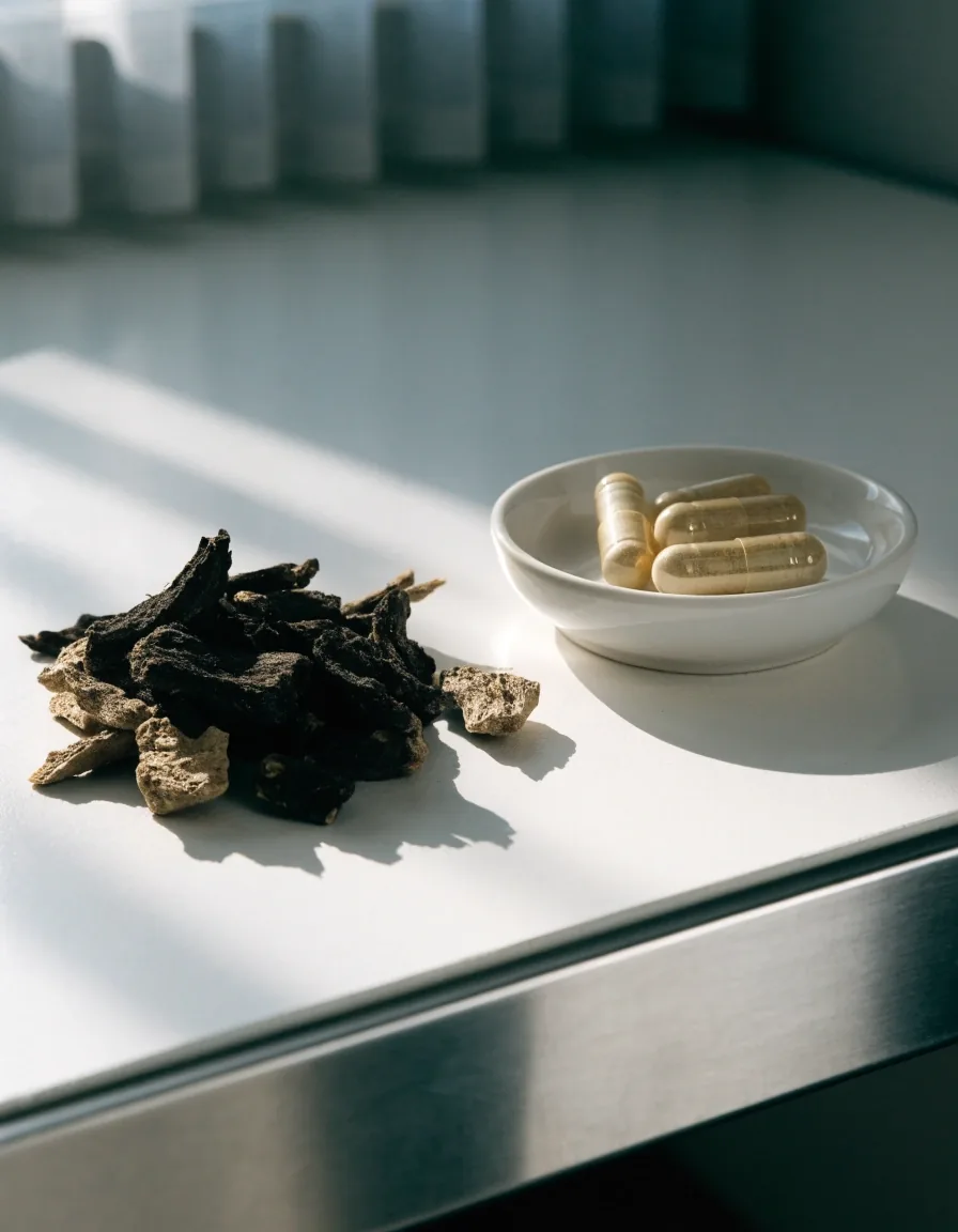 Black maca root chunks beside a white dish on a stainless bench in cold morning light
