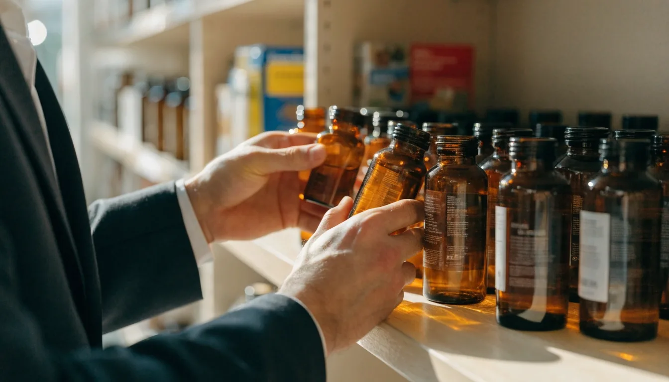 Brightly lit supplement retail aisle with plain unmarked bottles on pale shelving