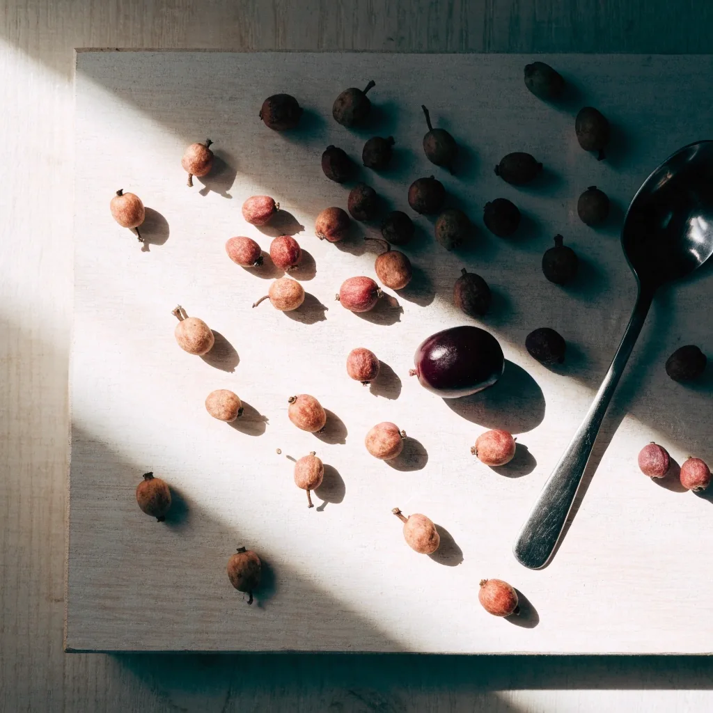 Dried saw palmetto berries with a stainless spoon on a white board in cold raking light