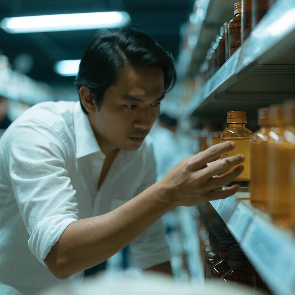 A hand turning two plain unbranded supplement bottles on a retail shelf edge in even aisle light