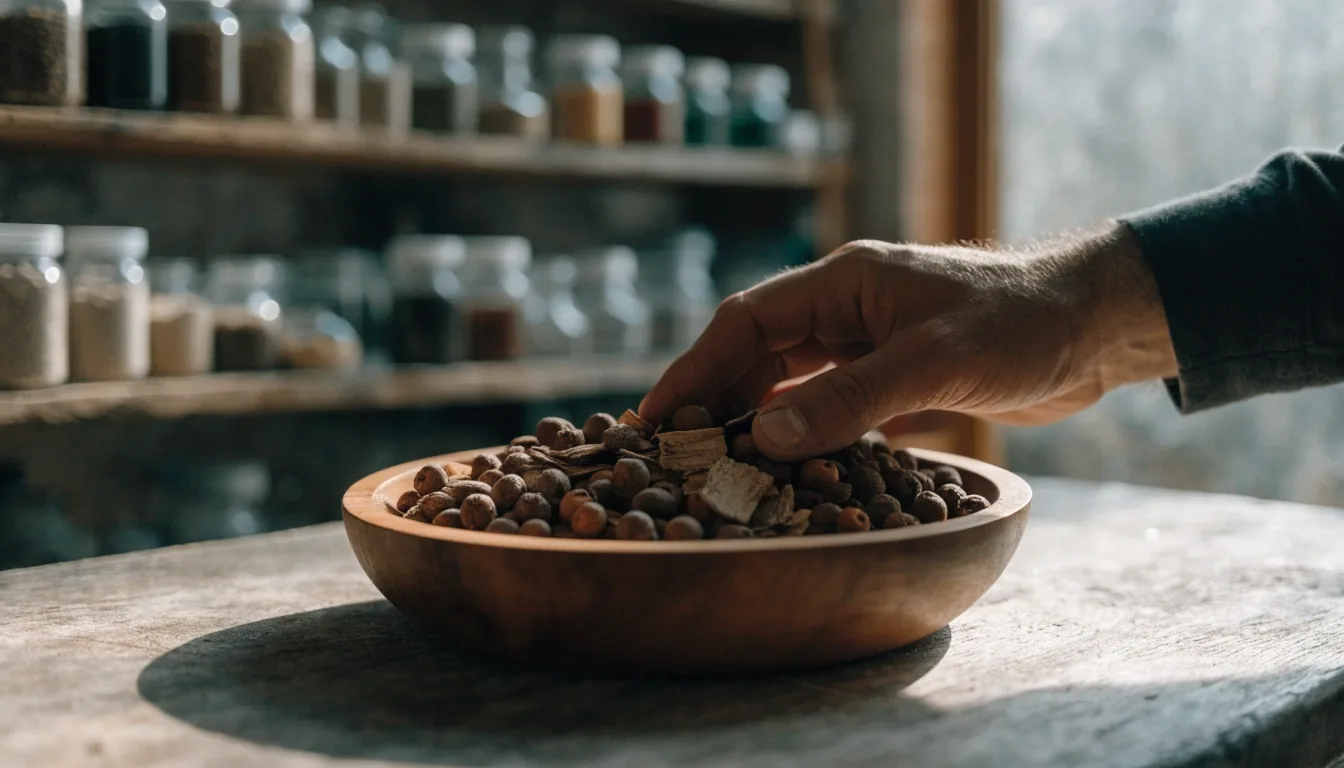 Dried botanical root fragments spread in a shallow stainless tray on a clean bench in raking light