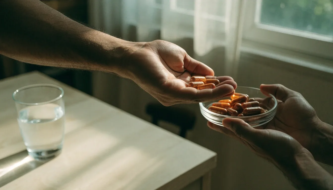Amber vegetarian capsules on a white ceramic tray at the edge of a stainless bench in cool morning light