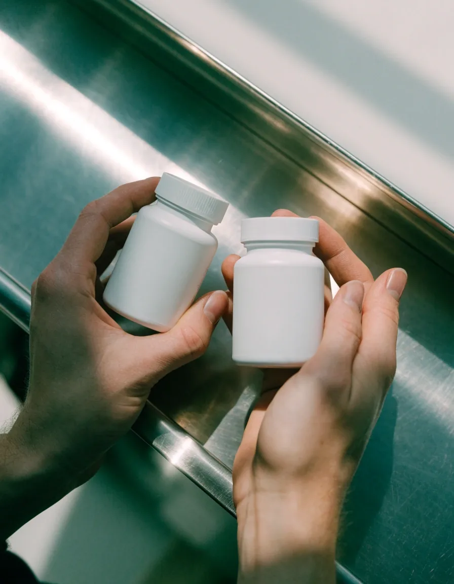 Hands holding two unmarked white supplement bottles side by side over a stainless bench in cool light