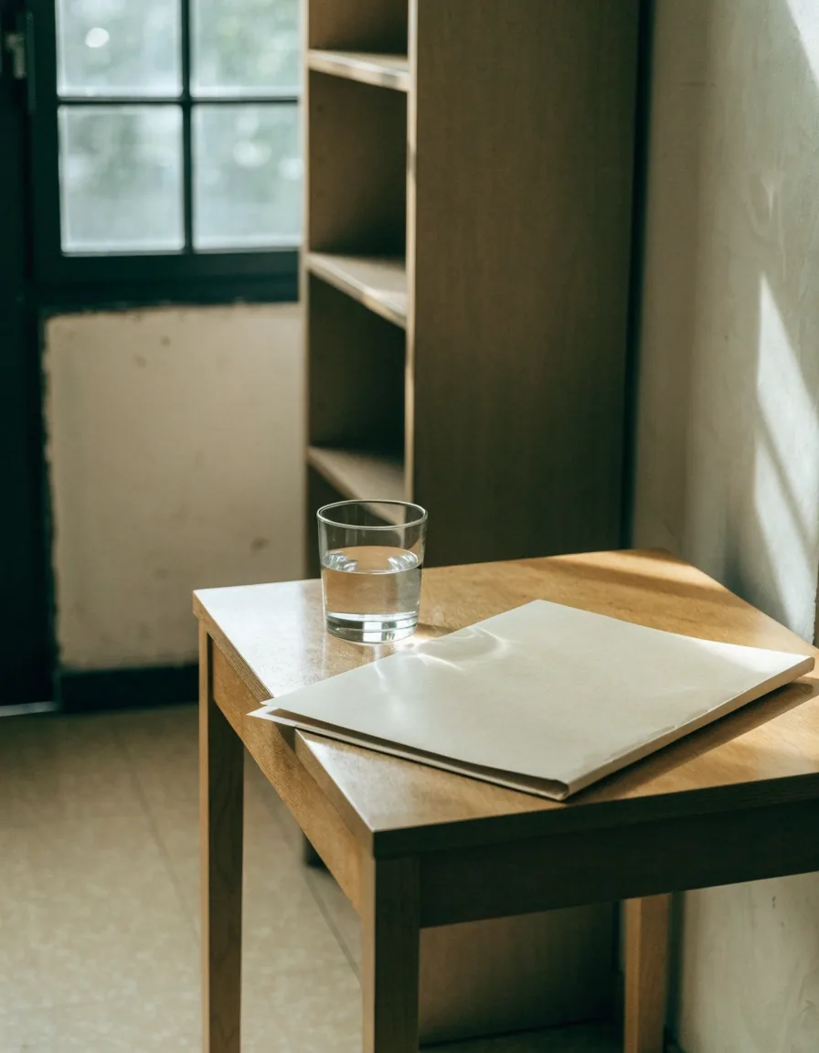 A clean office counter in cool daylight with an unmarked folder resting at its edge